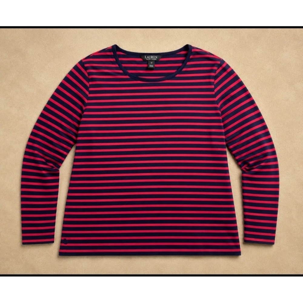 Lauren Ralph Lauren Womens 2X Striped Long Sleeve Ribbed Knit Top Navy Red LRL